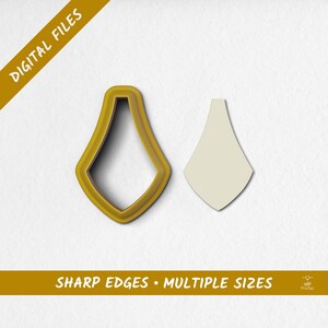 May include: A yellow teardrop-shaped cookie cutter and a matching solid shape are displayed on a white background. The text "DIGITAL FILES" and "SHARP EDGES • MULTIPLE SIZES" are visible. The cutter has sharp edges.