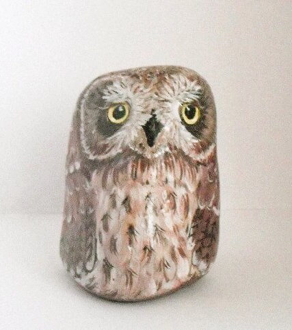 Hand Painted Stone. Owl Feather Bird . Natural River rock. Home Garden Decor. 3D animal. READY TO SH