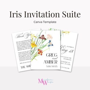 May include: An invitation suite with the text "Iris Invitation Suite" and "Canva Template". The design includes three cards with floral illustrations and text, including "Thank You", names, and a wedding date.