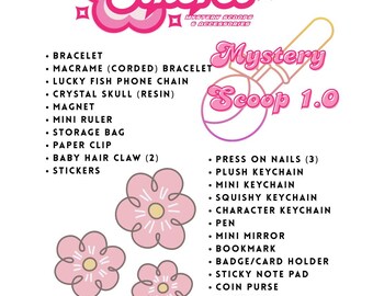 Kawaii Cute Mystery Scoop 1.0: Stationary, Pens, Bracelets, Keychains, Hairclips, Magnets, coin pouch, natural crystals
