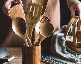 Utensilios de cocina de madera / 9 cucharas de cocina con soporte