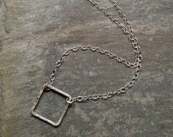 Hammered silver open square necklace - simple everyday necklace