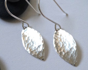 Small convex hammered silver leaf dangle earrings - leaf shaped silver earrings