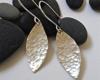 Large hammered silver leaf dangle earring - Large hammered silver petal dangle earring