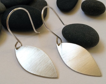 Large leaf shaped brushed silver dangle earrings - silver leaf earrings