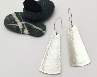 Long hammered silver trapezoid earrings