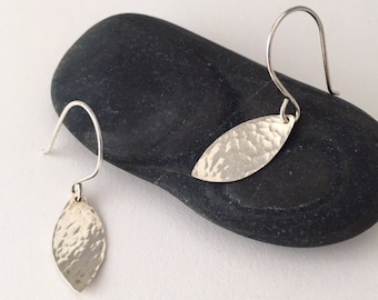 Small concave hammered silver leaf dangle earrings - leaf shaped silver earrings