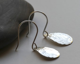 Hammered silver teardrop earrings - small silver dangle earrings - convex teardrops