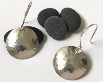 Large hammered silver disc earrings - round silver convex disk earrings