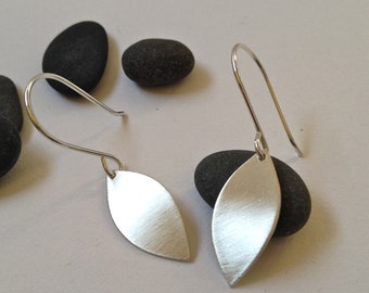 Small brushed silver leaf earrings - leaf shaped brushed silver dangle earrings