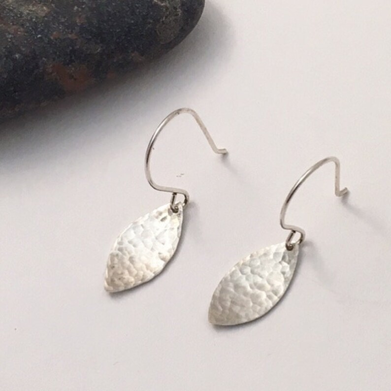 Small concave hammered silver leaf dangle earrings leaf shaped silver earrings image 2