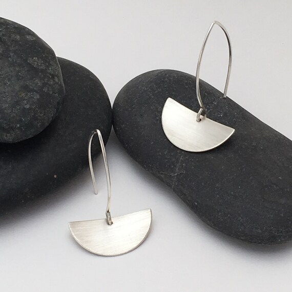 Brushed Silver Half Moon Drop Earrings Etsy Australia