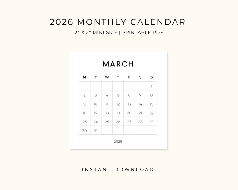 2026 Monthly Calendar Printable, Mini 3x3 Calendar, Small Desk Calendar ...