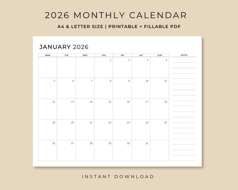 Printable &amp; Fillable 2026 Monthly Calendar, Minimal PDF Planner, 2026 ...