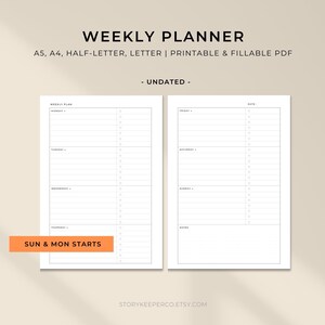 Planificador semanal minimalista / Sin fecha, casillas de verificación y notas punteadas (PDF imprimible y rellenable)