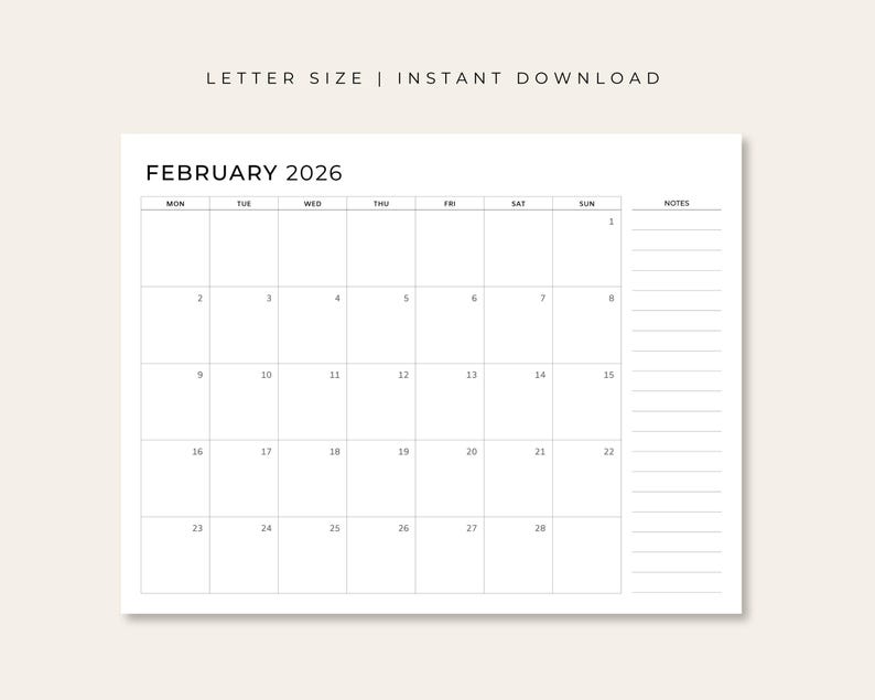 Printable &amp; Fillable 2026 Monthly Calendar, Minimal PDF Planner, 2026 ...