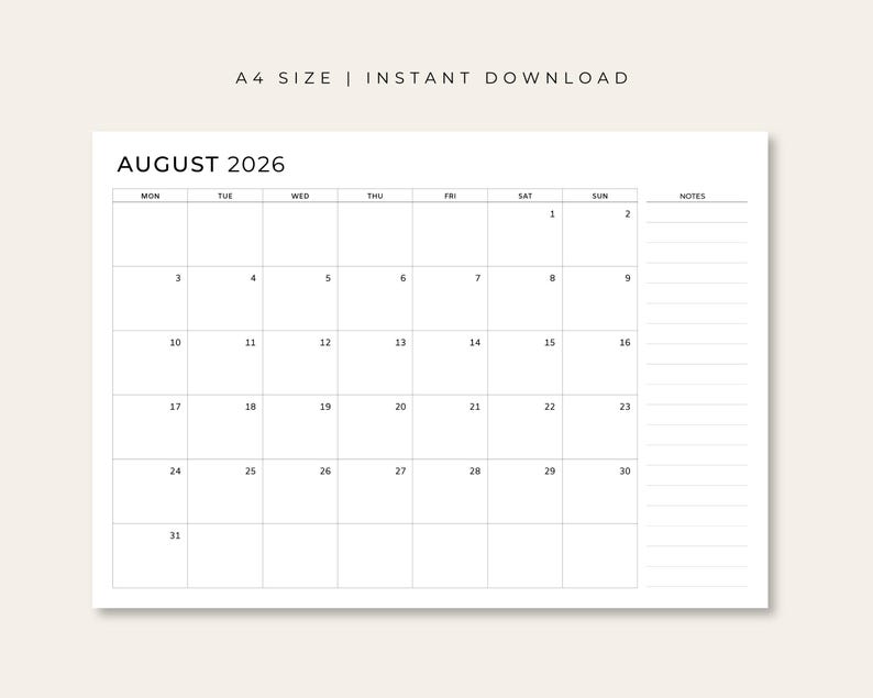 Printable &amp; Fillable 2026 Monthly Calendar, Minimal PDF Planner, 2026 ...