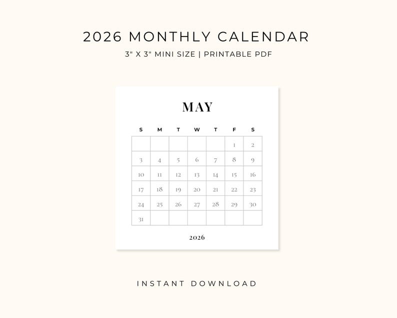 2026 Monthly Calendar Printable, Mini 3x3 Calendar, Small Desk Calendar ...