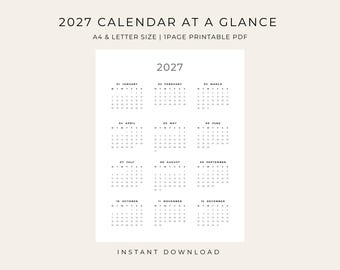 2027 Year at a Glance Printable Calendar, 2027 Yearly Calendar, 2027 Calendar, Wall Calendar, Desk Calendar, Minimalist Calendar, A4/Letter