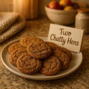 May include: A plate of round, golden-brown cookies with a textured surface. The cookies are arranged on a white plate, with a small card that reads "Two Chatty Hens". The background includes a bowl of fruit and a jar.