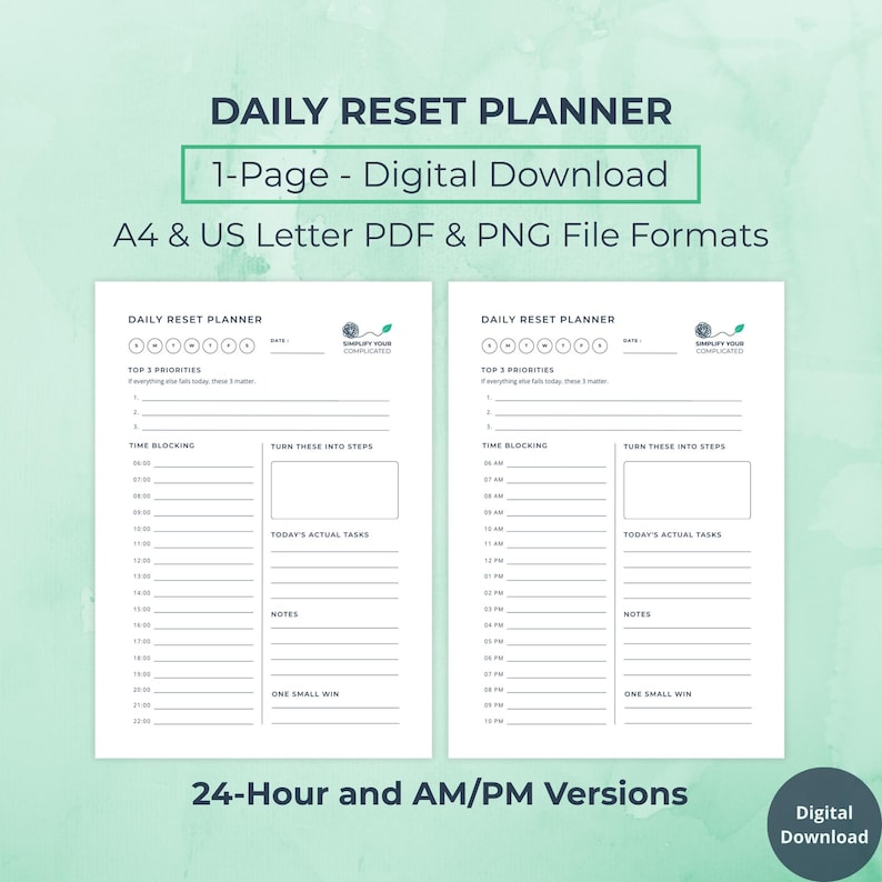 Minimal Daily Reset Planner • Printable • A4 + US Letter • AM/PM + 24-hour Time Versions