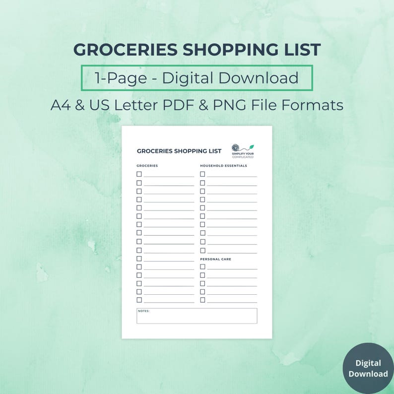Groceries Shopping List Printable | Minimalist Grocery List Template | Household Essentials & Personal Care Checklist | A4 US Letter PDF PNG
