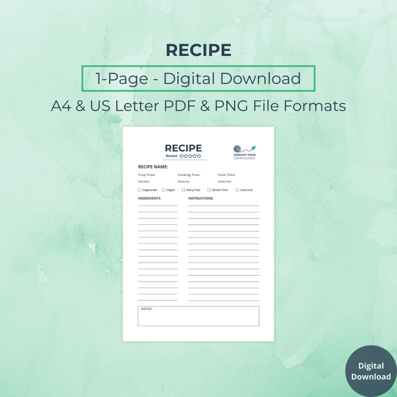 Minimal Recipe Template • Printable Recipe • A4 & US Letter • Instant Download • Cookbook Binder Page