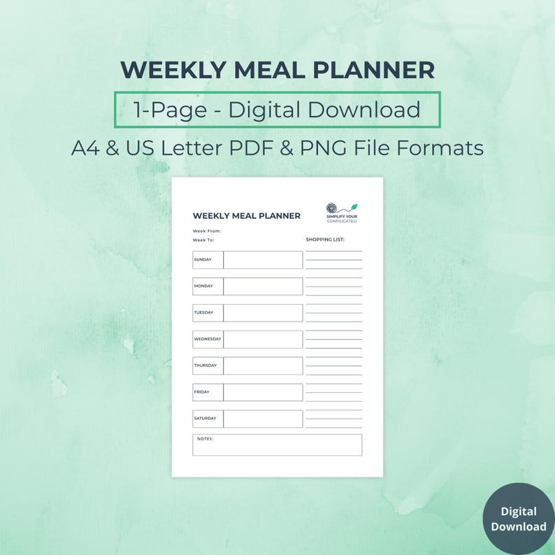 Minimal Weekly Meal Planner • Printable • A4 + US Letter • Meal Prep & Shopping List • Digital Download
