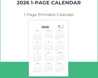 2026 One-Page Calendar | Minimalist Wall Planner (Digital Download)