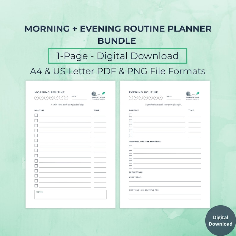 Morning + Evening Routine Planner Set | Minimalist Daily Routine Bundle | A4 US Letter PDF PNG