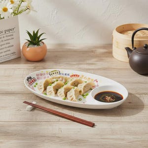 Chinese Melamine Dumpling Plate | Sauce Dish | Asian Appetizer Plate | Sushi Serving Plate with Dip | Chinese Character Dish