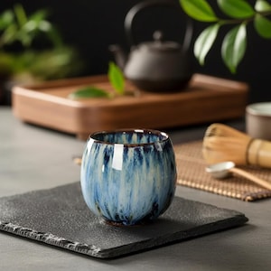 Dripping Glaze Blue Ceramic Tea Cup | Artisan Pottery Coffee Mug | Japanese Style Sake Cup
