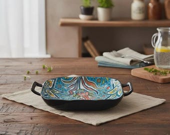 Ovenschaal met bohopatroon | Keramische braadpan | Handgeschilderde serveerschaal