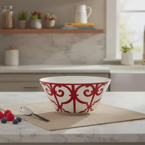 Bol con diseño de enrejado rojo / Plato de cerámica para servir / Juego de vajilla blanca