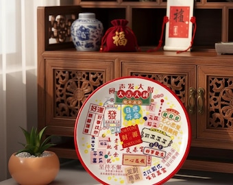 Plato de la fortuna chino / Exhibidor decorativo de cerámica / Decoración para la prosperidad y la buena suerte