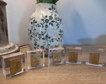 Gold Intaglio Mahjong Tiles, Flower Bird BAM Acrylic Block Decor