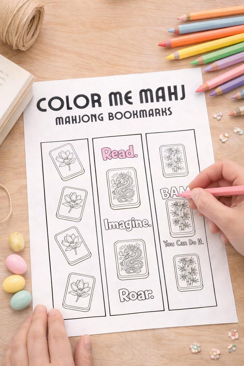 Mahjong Coloring Bookmarks Printable, Dragon Reading Bookmark | Kids ...