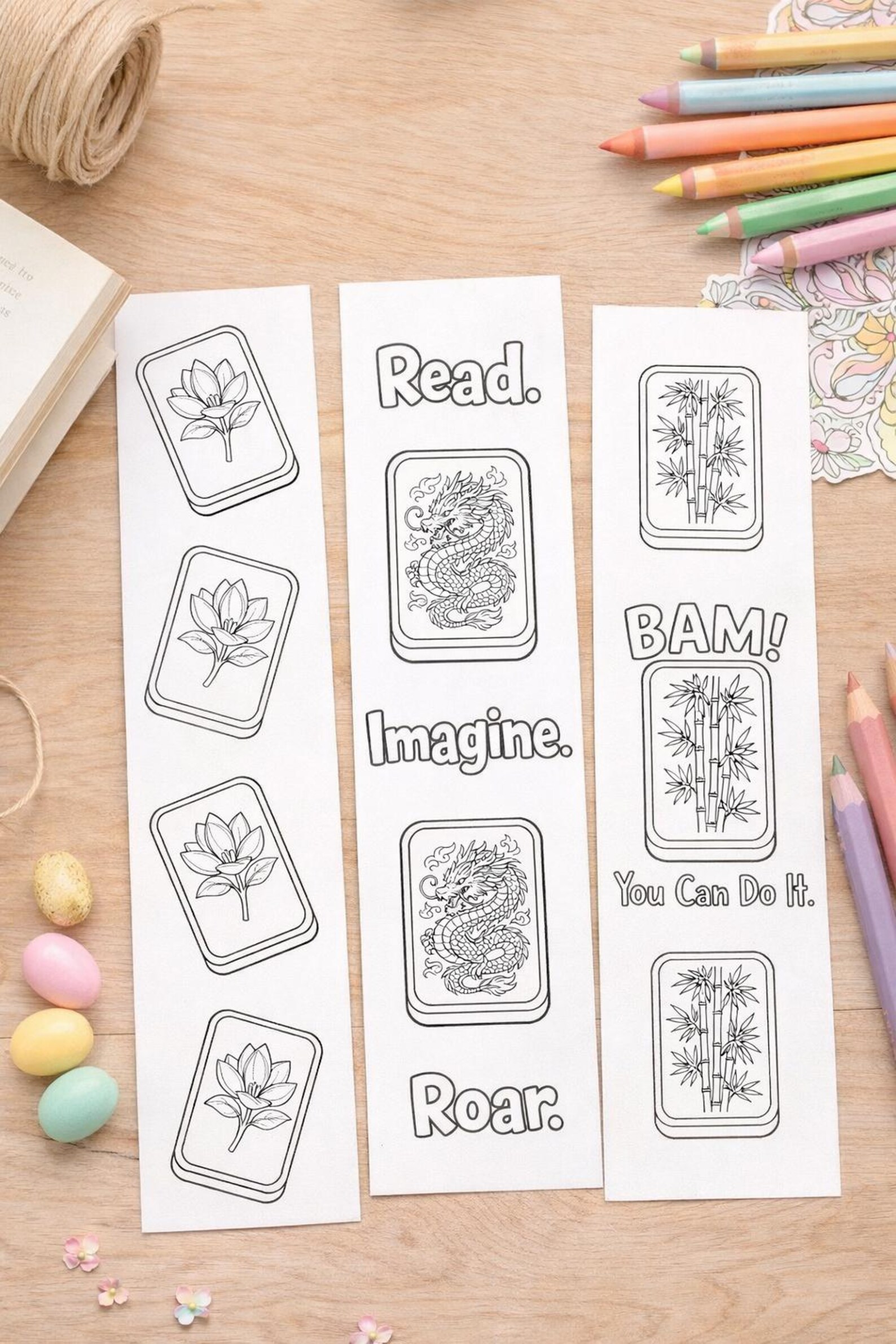 Mahjong Coloring Bookmarks Printable, Dragon Reading Bookmark | Kids ...