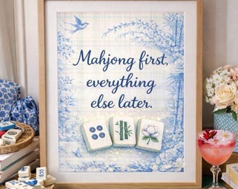 Blue Chinoiserie Mahjong Art Print, Floral Toile Bamboo Mahjong Decor (Instant Download)