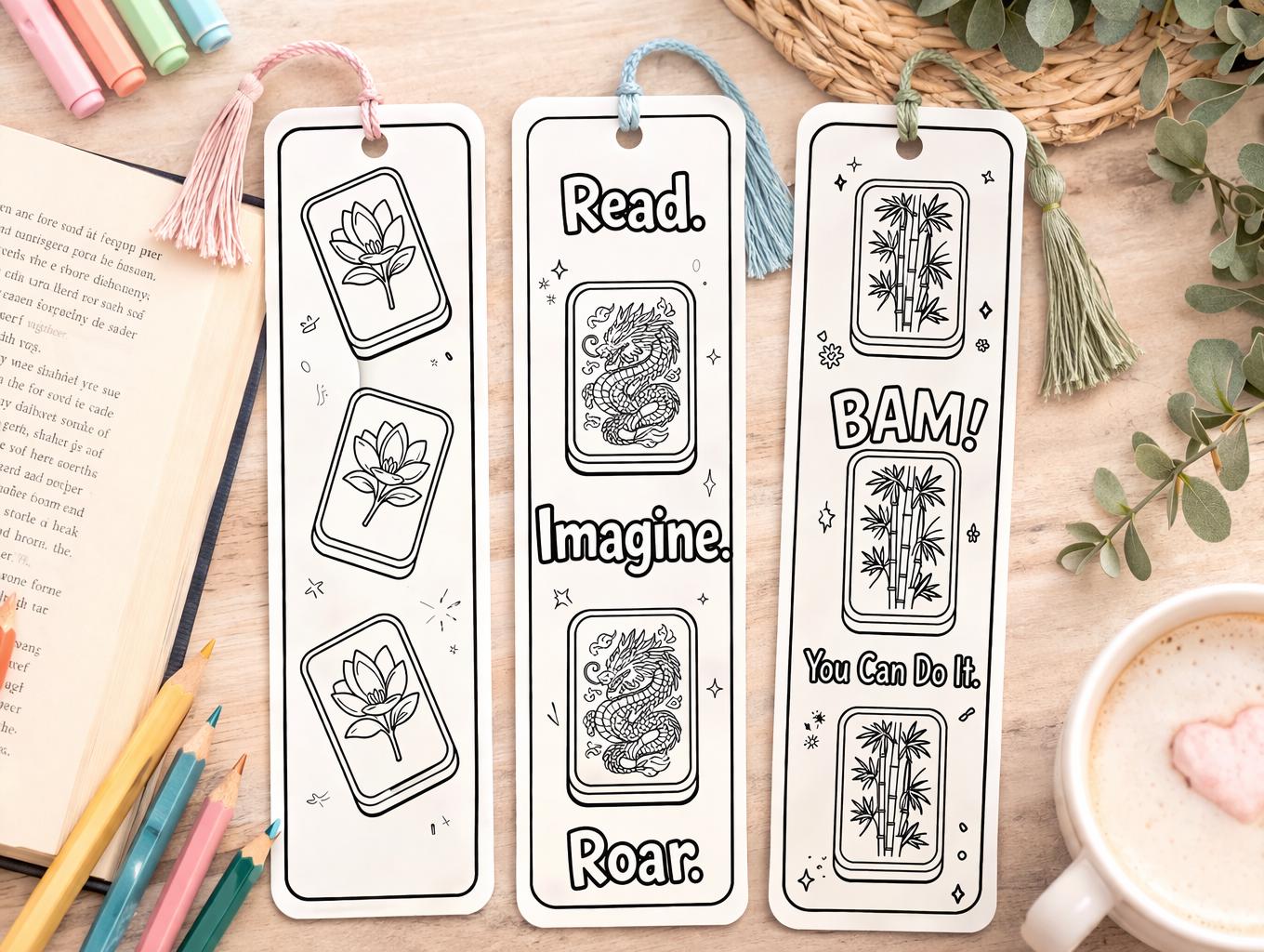 Mahjong Coloring Bookmarks Printable, Dragon Reading Bookmark | Kids ...