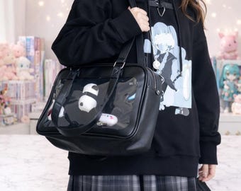 Ita Bag, Black PU Leather Transparent Window with Shoulder Straps