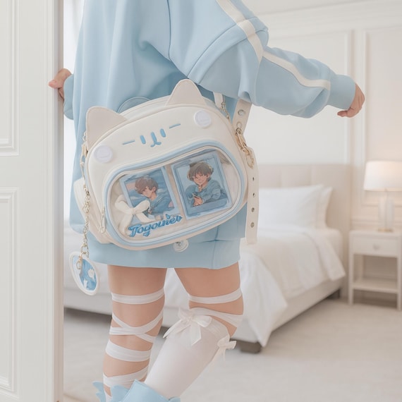 White Cat Ita Bag Purse, Kawaii Pin Display Shoulder Bag for Anime