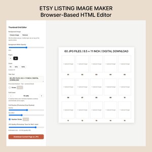 May include: A browser-based HTML editor interface for an Etsy listing image maker. The screen displays a sidebar with settings for background opacity, zoom, and cell count, alongside a preview area showing a grid of 15 image upload slots.