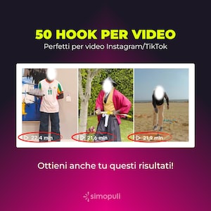 Può includere: Immagine con il testo "50 HOOK PER VIDEO" e "Perfetti per video Instagram/TikTok". Vengono mostrate tre immagini con il testo "22,4 mln", "21,6 mln" e "21,9 mln". Viene mostrato anche il testo "Ottieni anche tu questi risultati!".