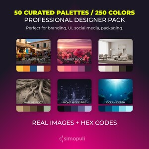 Könnte beinhalten: Grafik mit sechs Farbpaletten mit Bildern und Text. Der Text lautet "50 Kuratierte Paletten / 250 Farben Professional Designer Pack". Jede Palette hat einen Titel wie "Sicilian Essence" und "Sunset Bloom".