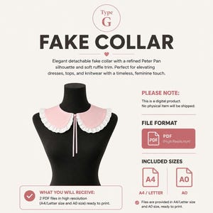May include: A digital sewing pattern for a Type G fake collar. The design features a pink Peter Pan collar with a white ruffled trim and two thin pink ribbon ties at the center. The document includes high-resolution PDF files in A4, Letter, and A0 sizes.