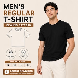 Puede incluir: Un patrón de costura para una camiseta regular con el texto MEN'S REGULAR T-SHIRT SEWING PATTERN, PDF PATTERN, A4 / LETTER + A0, SIZE AVAILABLE S M L XL, e INSTANT DOWNLOAD. El gráfico muestra un dibujo lineal de una camiseta.