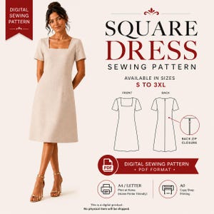 Peut inclure: Un patron de couture numérique pour une robe à encolure carrée et manches courtes, disponible en tailles S à 3XL. Le patron inclut des dessins techniques de face et de dos, une fermeture éclair au dos, et est fourni en format PDF pour impression A4, Letter ou A0.