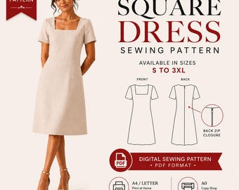 Square Neck Dress Sewing Pattern | S-3XL | Instant Download |