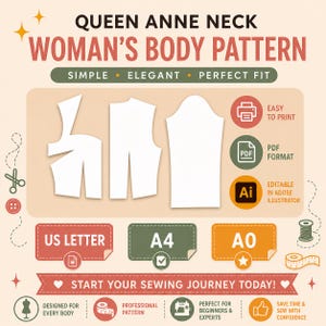 Queen Anne Neck Bodice Pattern | Women's Basic Sewing (Digital Download)